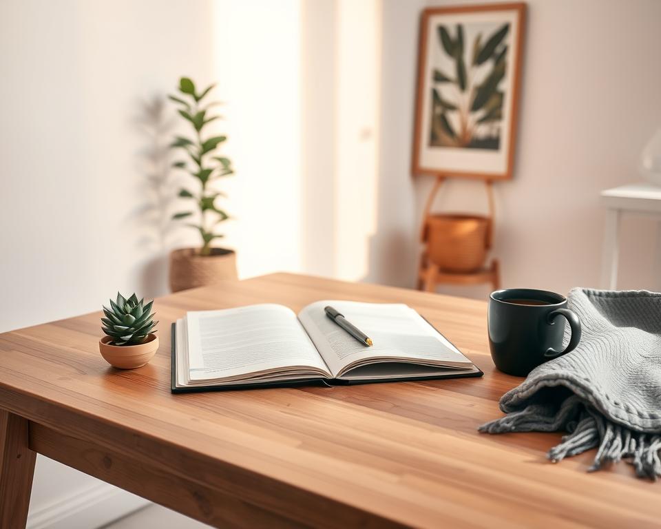 A serene, minimalist home office scene, bathed in warm, soft lighting. On a wooden desk, an open notebook with a pen, surrounded by self-care items like a cup of tea, a succulent plant, and a weighted blanket. In the background, a tall, leafy plant and a framed nature print hang on the wall, conveying a sense of tranquility. The composition is balanced, with clean lines and a muted color palette, inviting the viewer to pause and reflect on their personal well-being and self-care practices. A serene, minimalist home office scene, bathed in warm, soft lighting. On a wooden desk, an open notebook with a pen, surrounded by self-care items like a cup of tea, a succulent plant, and a weighted blanket. In the background, a tall, leafy plant and a framed nature print hang on the wall, conveying a sense of tranquility. The composition is balanced, with clean lines and a muted color palette, inviting the viewer to pause and reflect on their personal well-being and self-care practices.