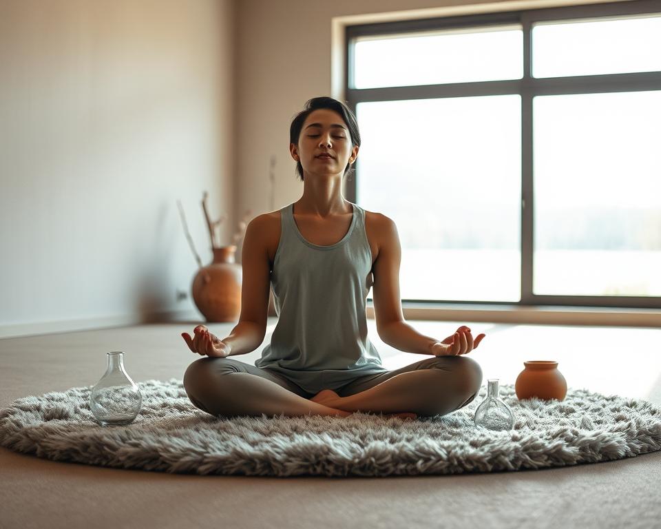A serene, minimalist interior space with muted earth tones and natural lighting. In the foreground, a person sitting cross-legged on a plush, neutral-colored rug, eyes closed in deep contemplation. The figure's pose and expression convey a sense of inner peace and detachment. Surrounding the central figure, several delicate glass vessels and clay pottery pieces, arranged thoughtfully. In the background, a large window overlooking a tranquil outdoor scene, with soft, diffused sunlight filtering through. The overall atmosphere is one of calm, introspection, and a deliberate step away from the demands of people-pleasing.