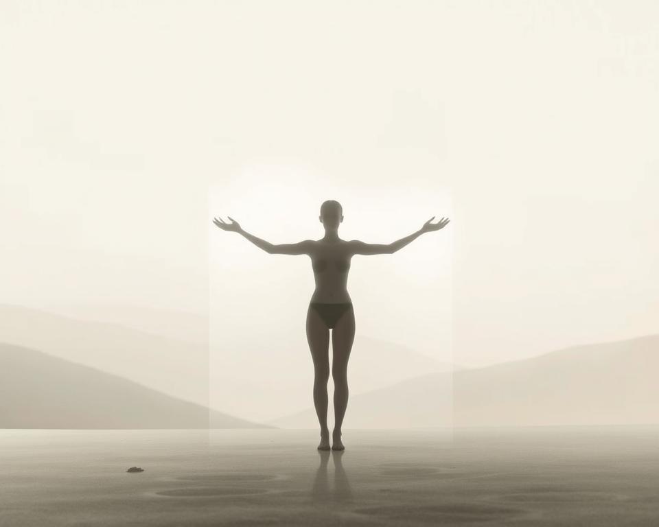 A serene, minimalist scene depicting emotional boundaries. In the foreground, a delicate, ethereal figure stands with arms outstretched, creating a translucent barrier of light and energy. The middle ground features a gently undulating landscape, hazy and dreamlike, suggesting the internal landscape of the mind. In the background, a softly lit, abstract backdrop of muted tones and textures, conveying a sense of introspection and quiet contemplation. The lighting is soft and diffused, creating a tranquil, introspective atmosphere. The overall composition emphasizes the importance of setting and maintaining emotional boundaries as an act of self-care.