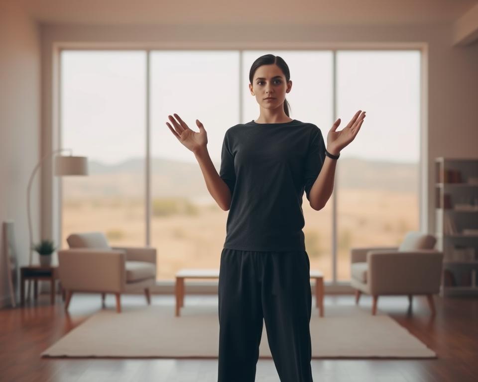 A serene, minimalist scene of a person firmly yet calmly setting personal boundaries. In the foreground, a person stands with a resolute, grounded posture, palms raised in a gentle, defensive gesture. Their expression is calm yet determined. The middle ground features a simple, uncluttered space with clean, neutral-toned furnishings, suggesting an environment of order and control. In the background, a soft, blurred landscape conveys a sense of peaceful solitude, emphasizing the act of self-care through boundary-setting. Warm, diffused lighting casts a soothing glow, and the overall composition evokes a sense of inner strength and emotional equilibrium.