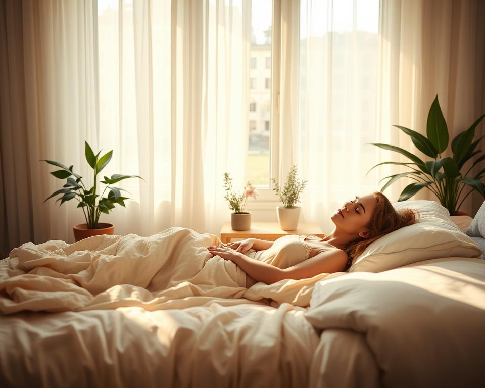 A serene, sun-drenched bedroom with plush bedding and cozy blankets. Soft, diffused natural light filters in through delicate, sheer curtains, casting a warm glow. In the foreground, a woman lounges comfortably on the bed, eyes closed, expression peaceful and relaxed. Surrounding her, potted plants and a small vase of fresh flowers add a tranquil, rejuvenating ambiance. The overall scene conveys a sense of guilt-free rest, self-care, and permission to pause and recharge.