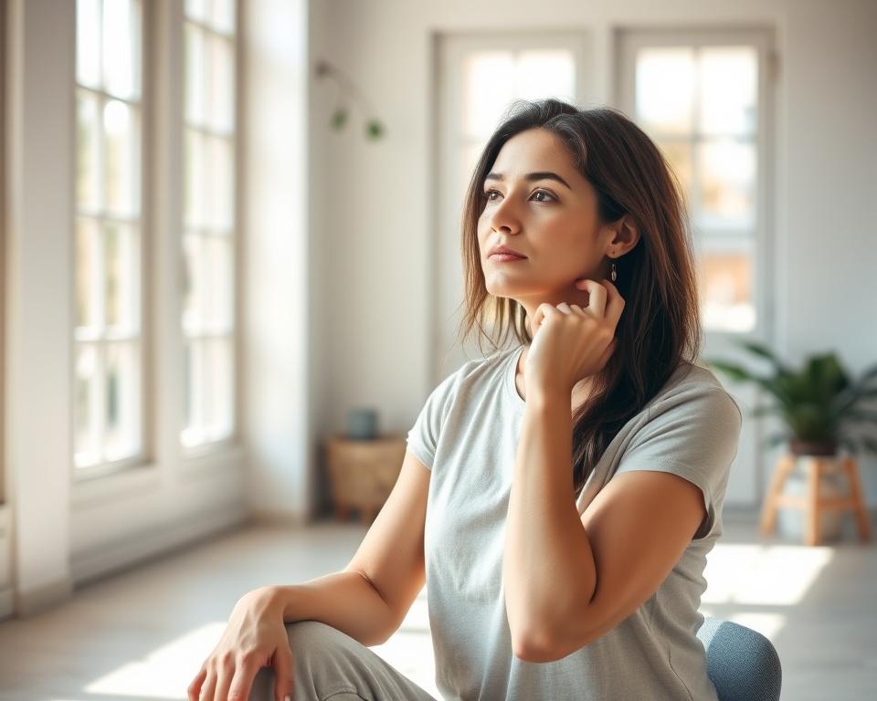 A thoughtful, introspective woman sits in a sunlit studio, her expression one of quiet contemplation. Soft natural light filters through large windows, casting a warm glow on her face as she gazes inwardly. Behind her, an uncluttered space with minimal decor, conveying a sense of tranquility and focus. The woman's posture is relaxed yet purposeful, symbolizing her journey towards a more balanced, intentional way of living. Muted tones of cream, sage, and soft blues create a calming, restorative atmosphere, mirroring the psychological process of "perfectionist recovery" from the pressures of high-achieving stress. A thoughtful, introspective woman sits in a sunlit studio, her expression one of quiet contemplation. Soft natural light filters through large windows, casting a warm glow on her face as she gazes inwardly. Behind her, an uncluttered space with minimal decor, conveying a sense of tranquility and focus. The woman's posture is relaxed yet purposeful, symbolizing her journey towards a more balanced, intentional way of living. Muted tones of cream, sage, and soft blues create a calming, restorative atmosphere, mirroring the psychological process of "perfectionist recovery" from the pressures of high-achieving stress.