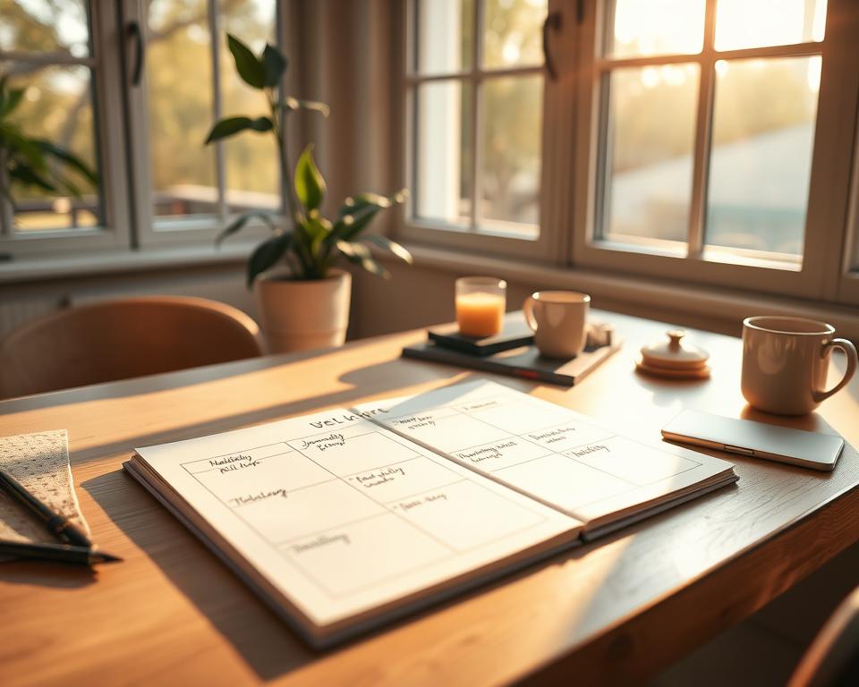 A thoughtfully arranged desk, bathed in warm, natural light filtering through large windows. On the surface, a minimalist weekly planner with carefully lettered self-care goals - meditation, journaling, exercise, healthy meals. Alongside, a selection of soothing items: a potted plant, a scented candle, a mug of herbal tea. The overall atmosphere is one of calm focus and intentionality, inviting the viewer to pause, reflect and prioritize their own well-being.
