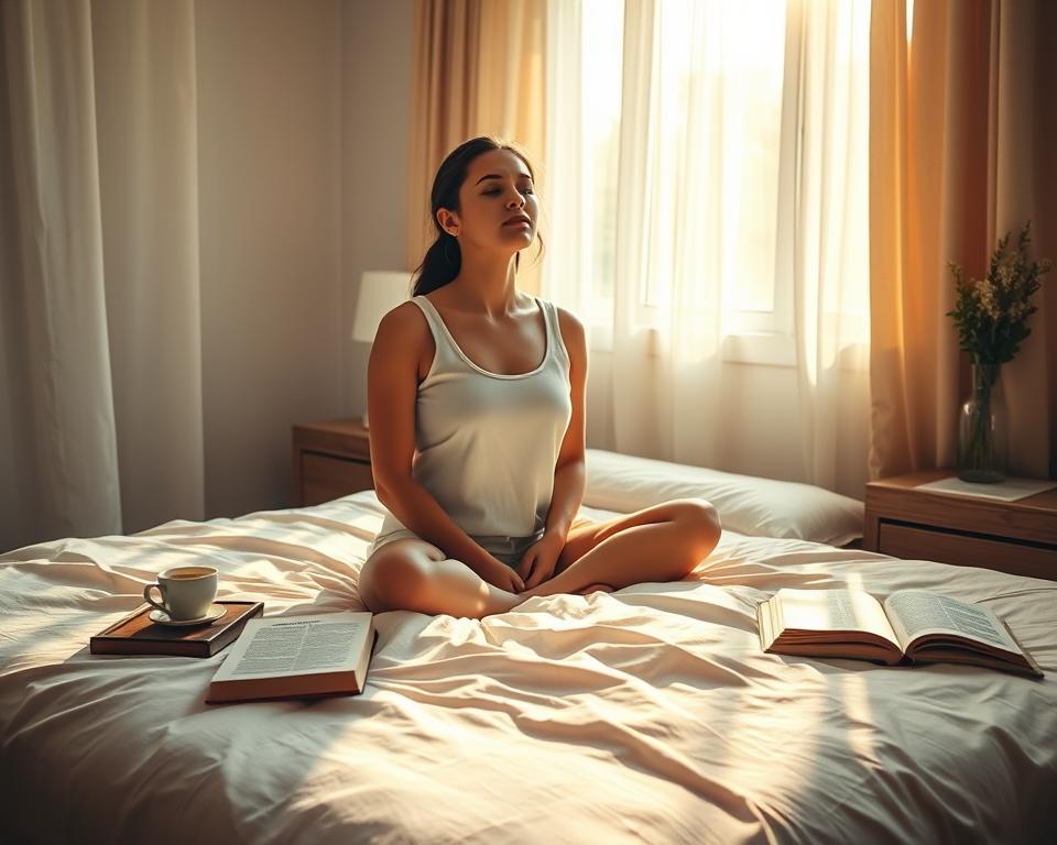 A tranquil bedroom bathed in warm, natural light. A plush, inviting bed draped in soft, linen sheets. On the nightstand, a cup of steaming tea and a book, signaling a moment of uninterrupted relaxation. Sunlight filters through sheer curtains, casting a gentle glow across the space. In the foreground, a woman sits cross-legged on the bed, eyes closed, her expression serene and untroubled. The atmosphere is one of guilt-free rest, a sanctuary away from the demands of the day, where the mind and body can fully rejuvenate.