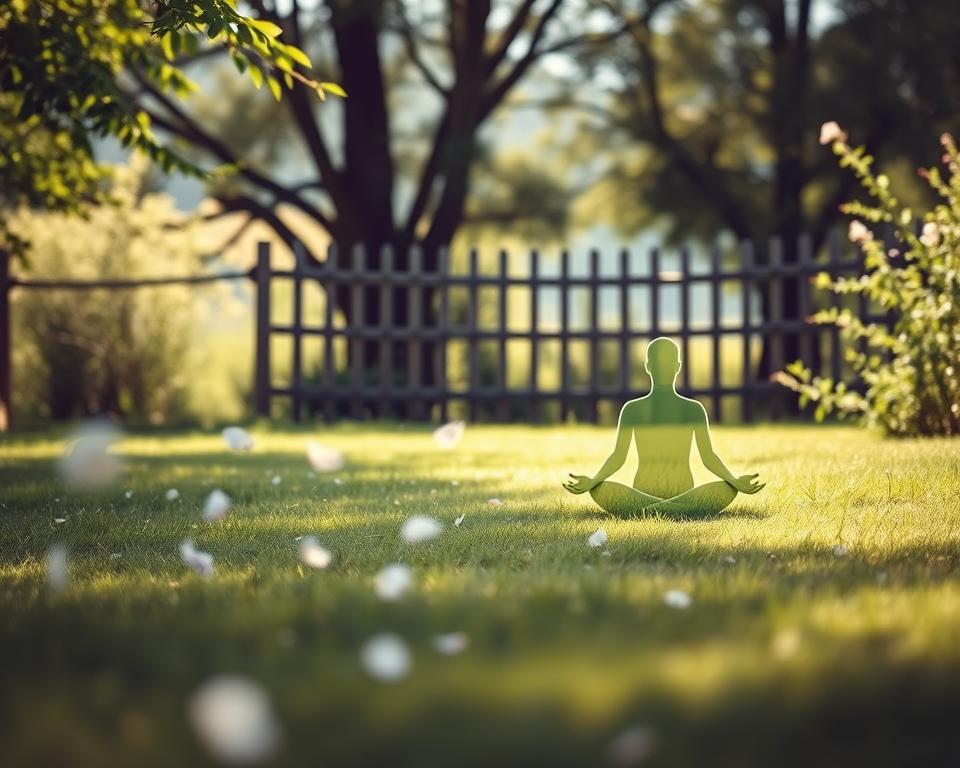 A tranquil scene of a serene garden, with a lone figure sitting cross-legged on the grass, surrounded by lush greenery and soft natural light. The figure is depicted as a transparent silhouette, representing the fragility and permeability of personal boundaries. In the foreground, delicate flower petals drift through the air, symbolizing the need for flexibility and openness. The middle ground features a wooden fence, partially obscured by the greenery, hinting at the delicate balance between connection and separation. The background showcases a blurred, dreamlike landscape, evoking a sense of introspection and the inner journey towards understanding one's own boundaries.