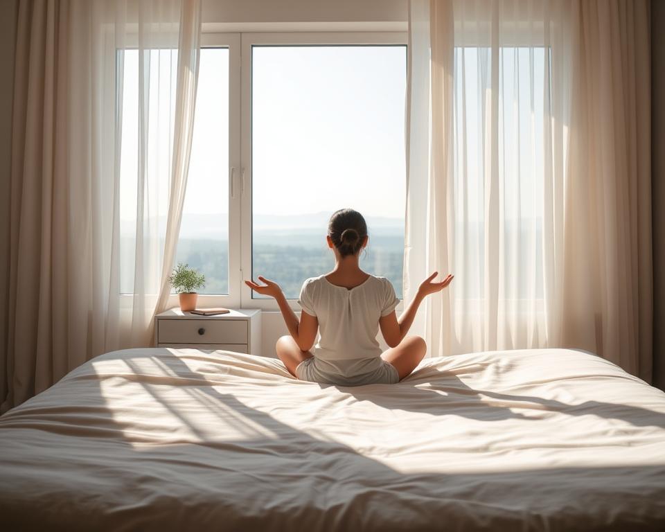 A tranquil, sun-drenched bedroom scene. In the foreground, a person sits cross-legged on a plush, inviting bed, eyes closed, palms upturned in a gesture of openness and self-acceptance. Soft, diffused light filters in through delicate curtains, casting a warm glow on the scene. The middle ground features a minimalist nightstand with a small plant and a journal, suggesting a space for mindful reflection. The background depicts a serene landscape visible through a large window, signifying a sense of interconnectedness and inner peace. The overall mood is one of quiet contemplation, self-permission, and an invitation to nurture one's own wellbeing.