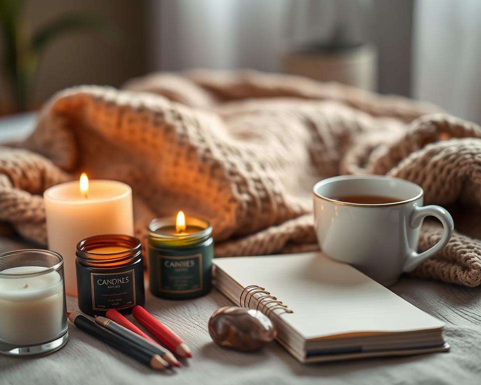 A well-lit, close-up composition of a carefully curated self-care toolkit. In the foreground, an assortment of calming and therapeutic essentials: scented candles, a small journal, a set of high-quality colored pencils, and a smooth, polished gemstone. In the middle ground, a cozy, earth-toned blanket or pillow, and a steaming mug of tea. The background is softly blurred, evoking a sense of tranquility and introspection. The lighting is warm and diffused, creating a soothing, intimate atmosphere. The overall mood is one of mindfulness, relaxation, and personal rejuvenation.