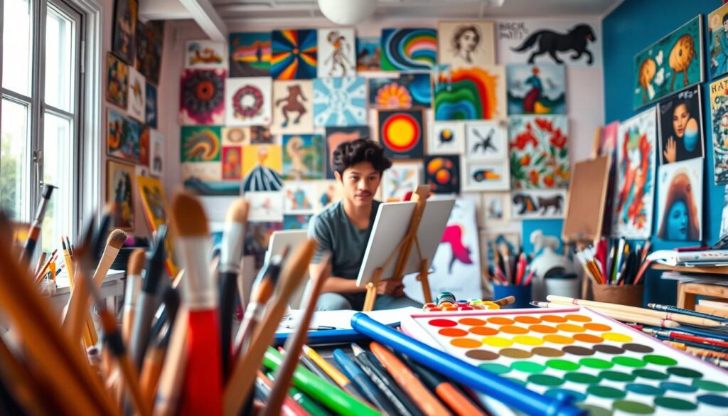 An artistic studio filled with vibrant colors and inspiring tools. In the foreground, various art supplies - brushes, paints, sketchpads - arranged creatively. In the middle ground, a person sitting at an easel, deeply engaged in the creative process, their face illuminated by natural light from a large window. The background showcases a gallery wall adorned with diverse artworks, reflecting the breadth of creative expression. The overall scene exudes a sense of focus, curiosity, and the boundless potential of developing one's creativity through dedicated practice and skill-building.
