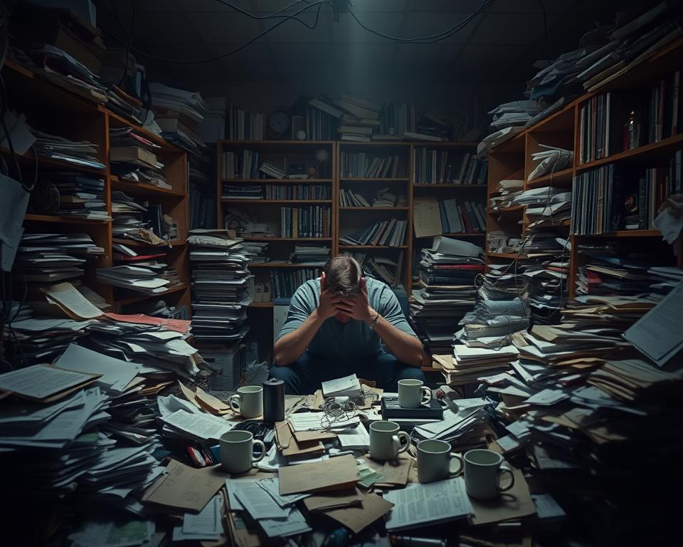 A chaotic room filled with scattered papers, overflowing shelves, and tangled cords. Dim, moody lighting casts long shadows, creating a sense of visual overwhelm. In the foreground, a desk is buried under piles of unopened mail, half-completed projects, and empty coffee mugs. Framed by the cluttered desk, a person sits slumped, head in hands, exuding a palpable aura of stress and anxiety. In the middle ground, bookcases strain under the weight of disorganized books and knickknacks, while the background is a hazy blur of more clutter, closing in like a suffocating fog. The overall atmosphere is one of mental and physical chaos, visually expressing the hidden connection between clutter and diminished well-being.