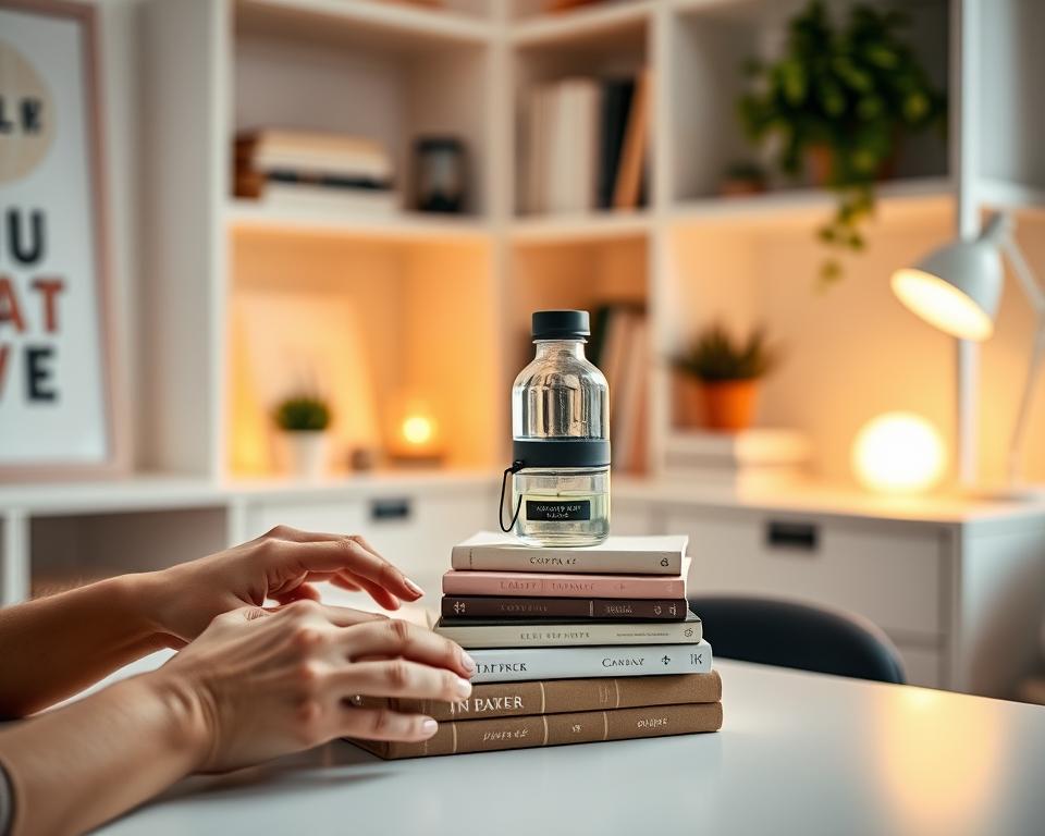A cozy home office with a minimalist desk and shelves, bathed in warm, diffused lighting. On the desk, an arrangement of everyday self-care items - a journal, a scented candle, a water bottle, and a potted plant. In the foreground, hands carefully stacking these objects, creating a visually harmonious composition that suggests the idea of "habit stacking" - the strategic combination of small, daily routines to cultivate a self-care practice. The background is blurred, creating a sense of focus and intention on the habit-stacking process. The overall mood is one of calm, mindfulness, and a deliberate approach to wellness.