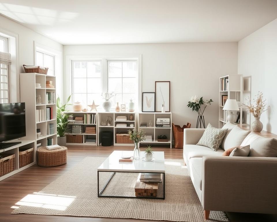 A cozy, well-lit living room, decluttered and organized, with natural sunlight streaming through large windows. In the foreground, neatly arranged bookshelves, decorative baskets, and carefully curated trinkets create a sense of tranquility. In the middle ground, a plush, minimalist sofa invites relaxation, complemented by a simple, modern coffee table. The background features bare, neutral-toned walls, emphasizing the clean, uncluttered aesthetic. The overall atmosphere exudes a calming, harmonious energy, embodying the transformation from chaos to calm.