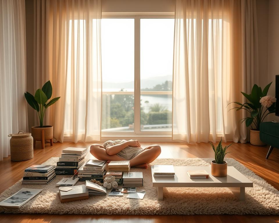 A minimalist living room bathed in warm, natural light filtering through sheer curtains. In the foreground, a person sits cross-legged on a plush rug, mindfully sorting through a collection of personal belongings - books, photographs, and trinkets. Their expression is one of calm focus, as they decide what to keep and what to let go of. The middle ground features a sleek, uncluttered coffee table and a few carefully placed houseplants, creating a sense of balance and serenity. In the background, a large window overlooks a serene outdoor scene, further emphasizing the connection between the internal and external environments. The overall atmosphere evokes a mood of introspection, self-care, and the therapeutic benefits of decluttering one's physical and mental spaces.