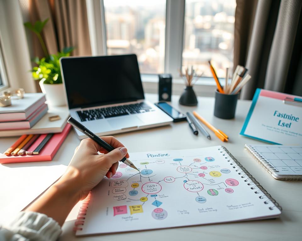 A neatly organized desk with a laptop, planner, and various stationery items. In the foreground, a person's hand is sketching out a colorful daily routine map, with different tasks and activities represented by icons and shapes. The background features a soft, blurred cityscape through a window, creating a sense of tranquility and focus. The lighting is natural, coming in from the side, and the composition has a balanced, symmetrical feel. The overall mood is one of productivity, planning, and a well-structured approach to self-care.