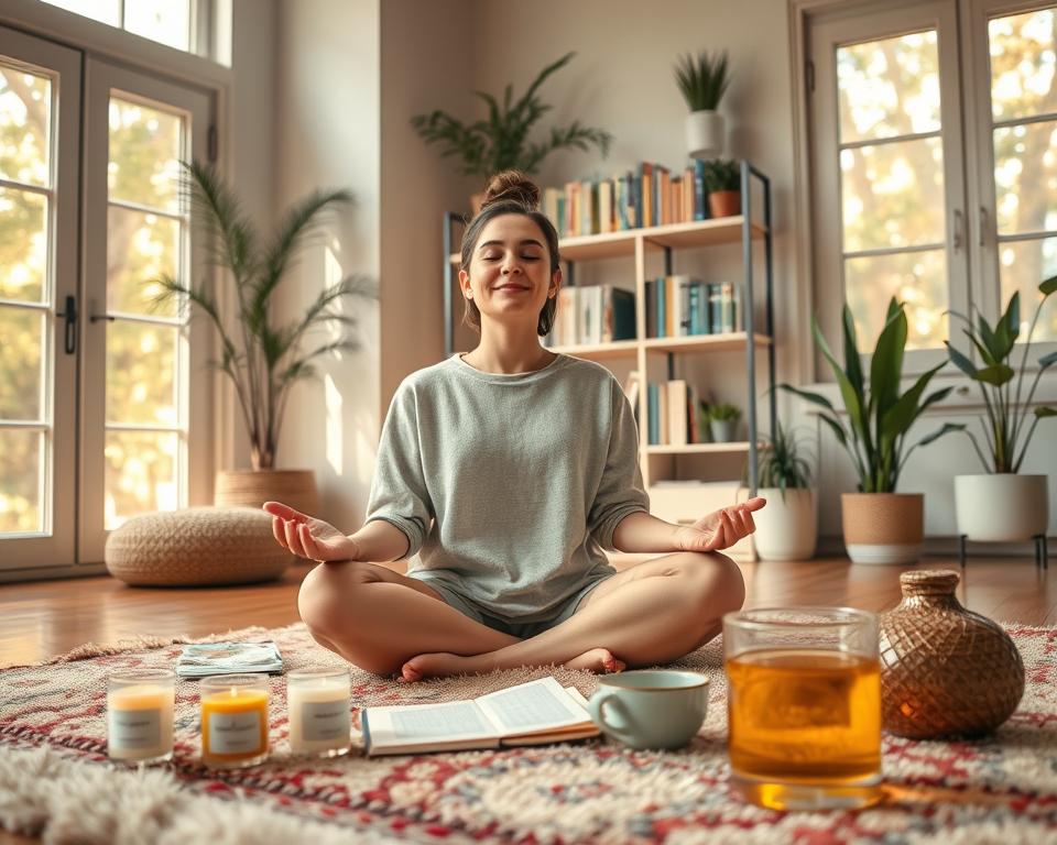 A serene, well-lit home interior with a cozy, inviting atmosphere. In the foreground, a person sitting cross-legged on a plush, colorful rug, meditating with eyes closed, their expression peaceful and focused. Surrounding them, an array of self-care items such as scented candles, a journal, and a cup of herbal tea. In the middle ground, a bookshelf with inspiring titles on mindfulness and wellness, along with potted plants and natural decor elements. The background features large windows, allowing warm, diffused natural light to filter in, creating a calming, rejuvenating ambiance. The overall scene conveys a sense of intentionality, balance, and the creation of new, sustainable self-care habits.