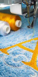 A machine embroiders the letter "A" in gold thread on light blue fabric. More thread spools are in the background.