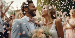 A happy couple smiling at one another as their wedding guests throw flower petals into the air around them.